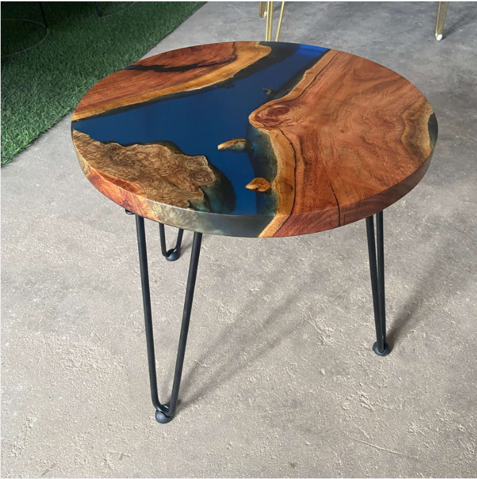 Blue and Wooden Handcrafted Resin Coffee Table - 18 Inch