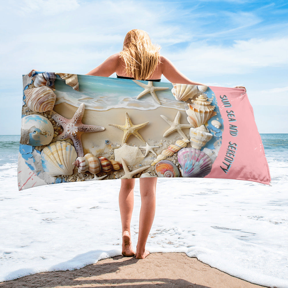 Sun, Sea & Serenity Design Beach Towel – Super Soft & Cozy Bath, Holiday Towel